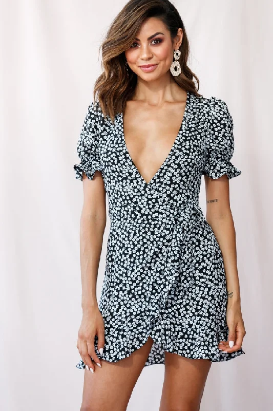 Short sleeve midi dress-Abigail Wrap Front Puff Sleeve Dress Black