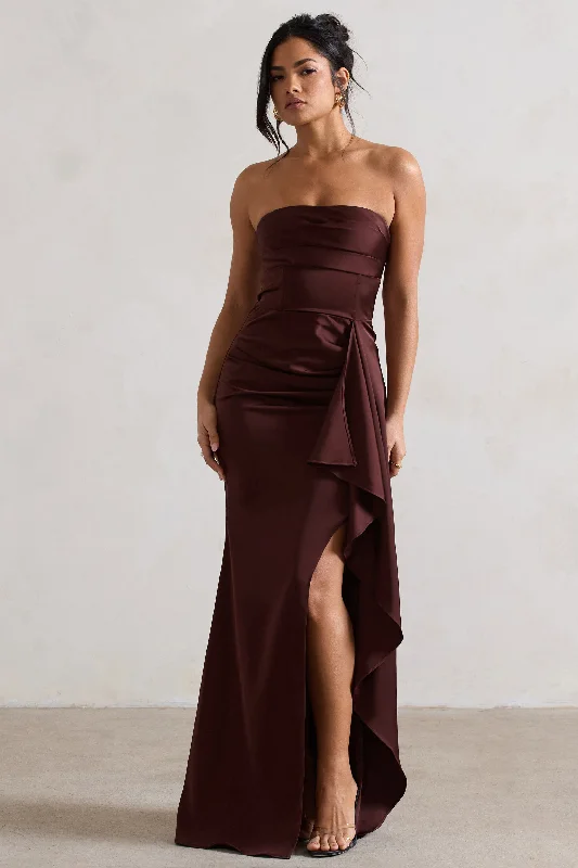 Floral midi dress-Ace | Chocolate Brown Satin Bandeau Split Maxi Dress With Ruffle Drape