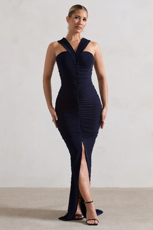 Peplum cocktail dress-Aida | Navy Ruched V-Neck Split Maxi Dress