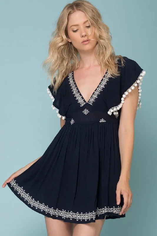 Lace midi dress-Alexis Pom Pom Dress Navy