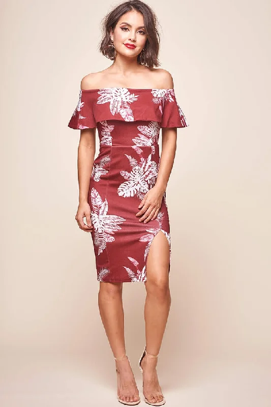 Ruched party dress-Alina Tiered Off Shoulder Dress Wine Base