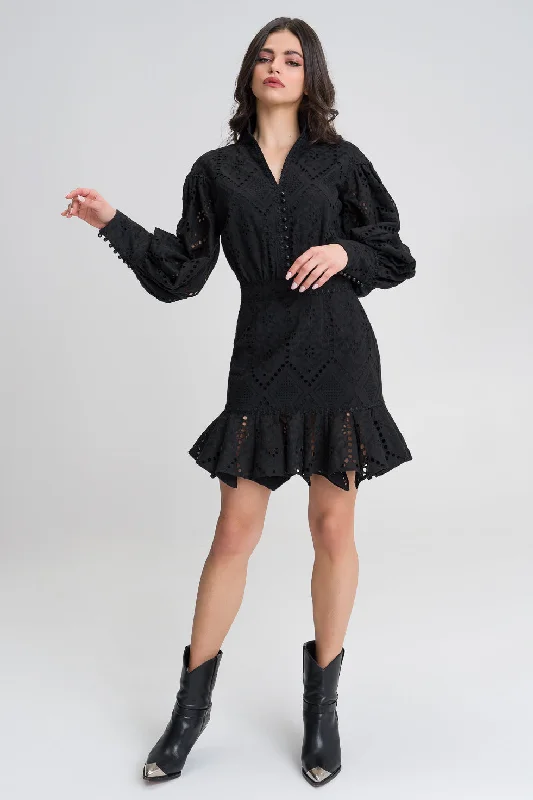 Pleated evening dress-Amelia Black Ruffled broderie cotton-blend mini dress