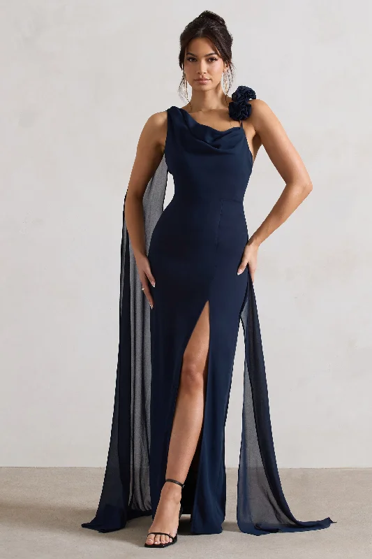 One-shoulder gown dress-Angeline | Navy Chiffon Draped Split Maxi Dress With Corsages