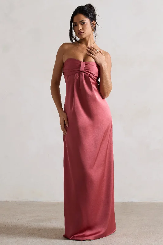 Fringe evening dress-April | Rose Pink Satin Sweetheart Maxi Dress