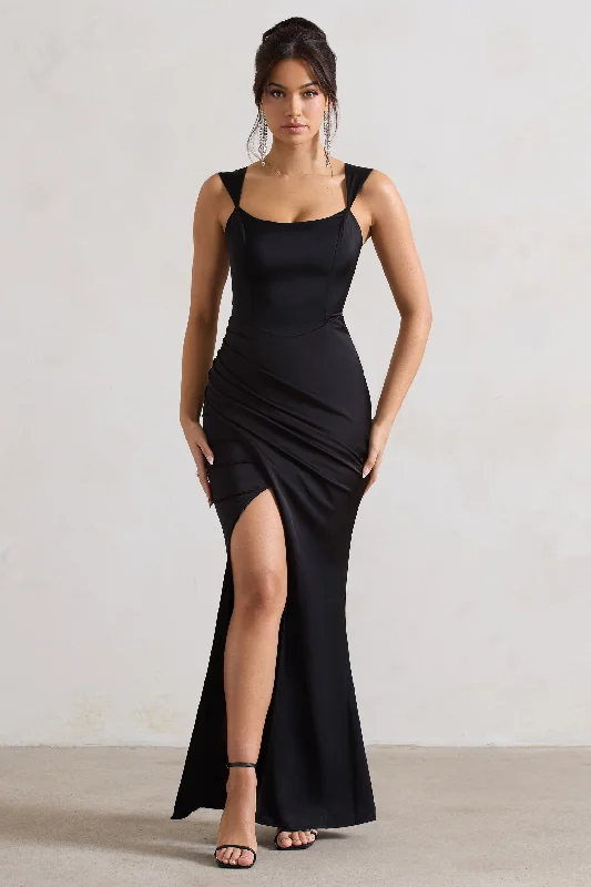 Shift dress with pockets-A Romantic | Black Satin Corset Wrap Maxi Dress