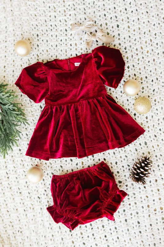 Satin prom dress-Baby Enamored Dress Set in Red Velvet - FINAL SALE