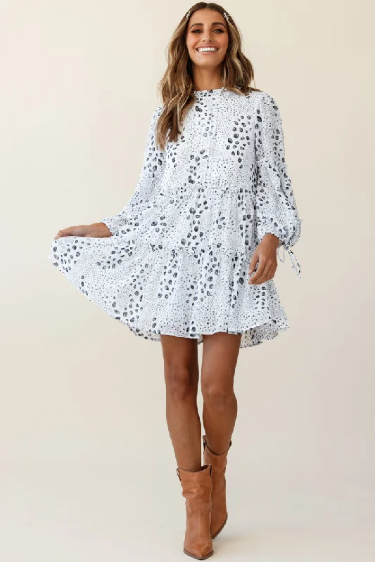 Polka dot party dress-Beatrix High Neck Bell Sleeve Dress Droplet Print White