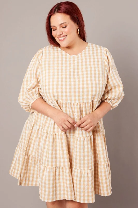 Long sleeve sundress-Beige Check Puff 3/4 Sleeve Gingham Smock Dress