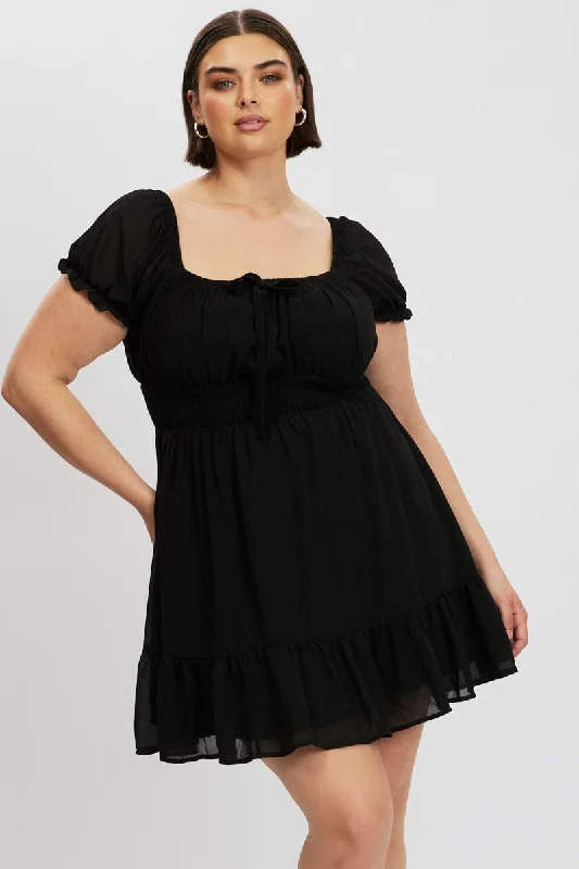 Short sleeve cocktail dress-Black Bow Front Shirred Waist Mini Dress