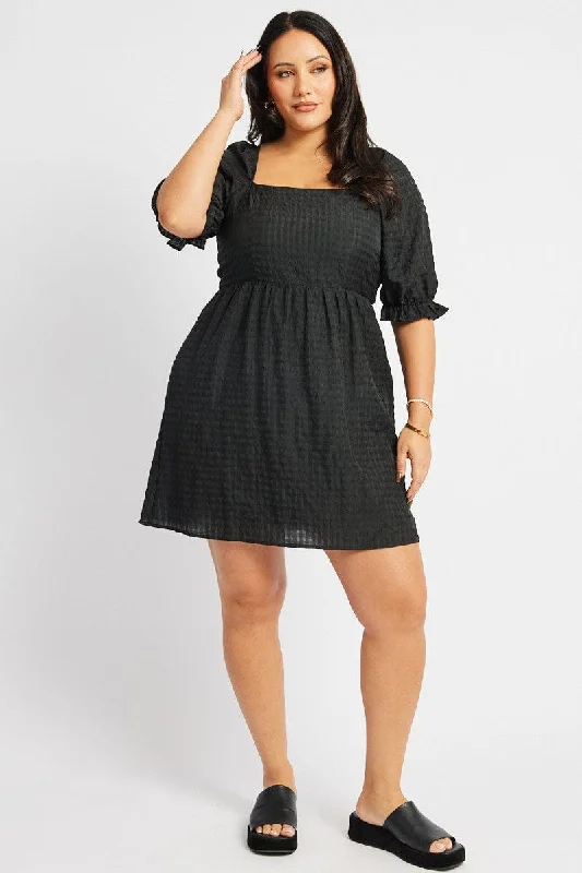 T-shirt casual dress-Black Check Babydoll Mini Dress