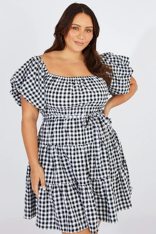 Ruched cocktail dress-Black Check Off Shoulder Gingham Skater Dress