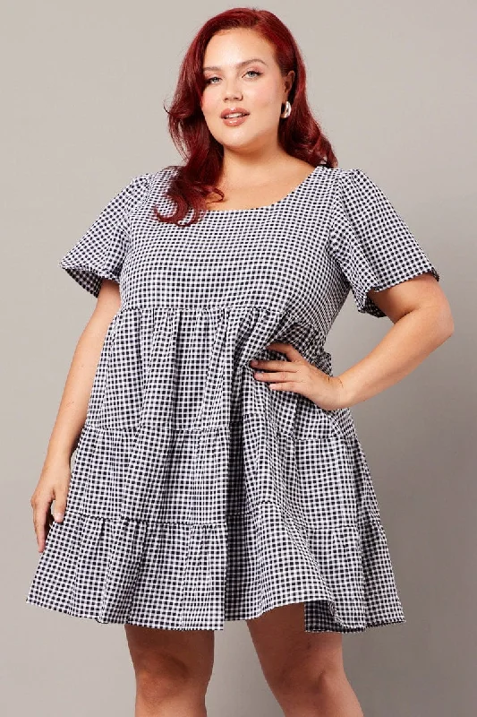 One-shoulder cocktail dress-Black Check Smock Dress Flare Sleeve Tiered Round Neck