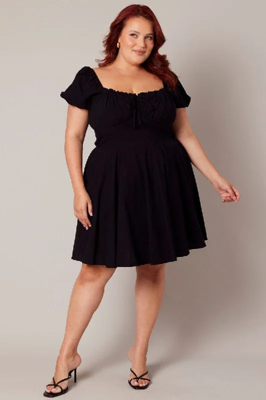 Long sleeve shift dress-Black Corset Puff Sleeve Mini Dress