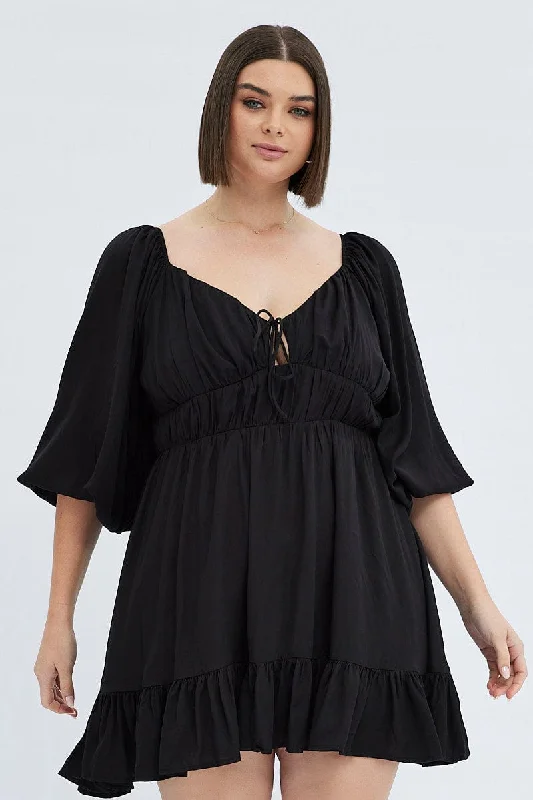 Fringe prom dress-Black Fit And Flare Dress 3/4 Sleeve Tiered Cut Out