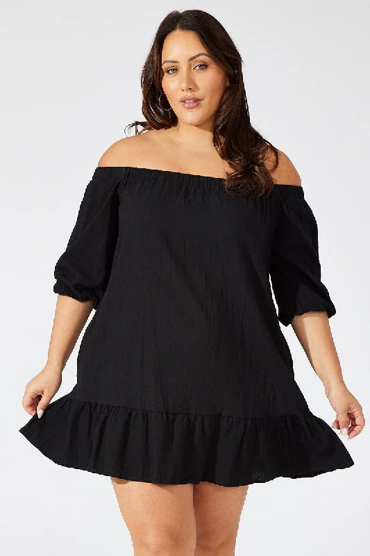 Lace cocktail dress-Black Off Shoulder Cotton Blend Dress