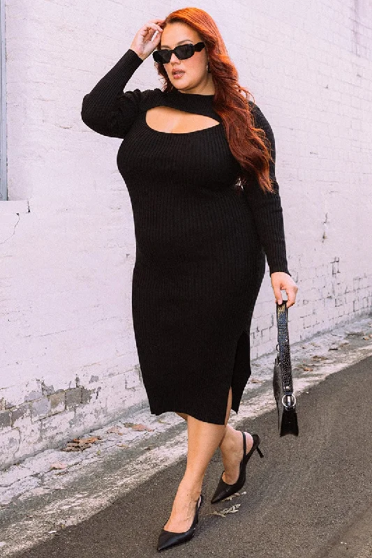 Tiered evening dress-Black Peephole Knit Dress