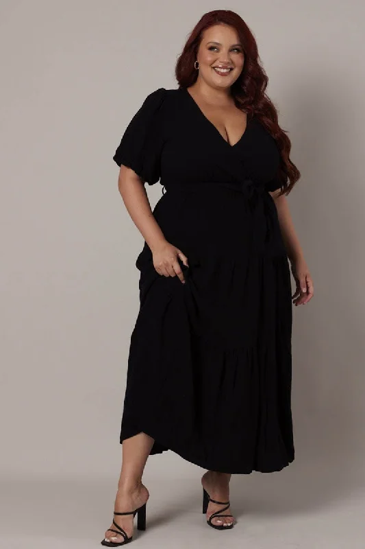 Corset sundress-Black Puff Sleeve Faux Wrap Linen Blend Dress