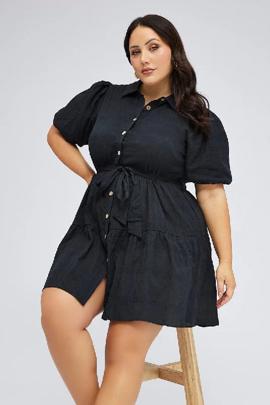 Off-shoulder prom dress-Black Shirtdress Textured Cotton Check Puff Sleeve