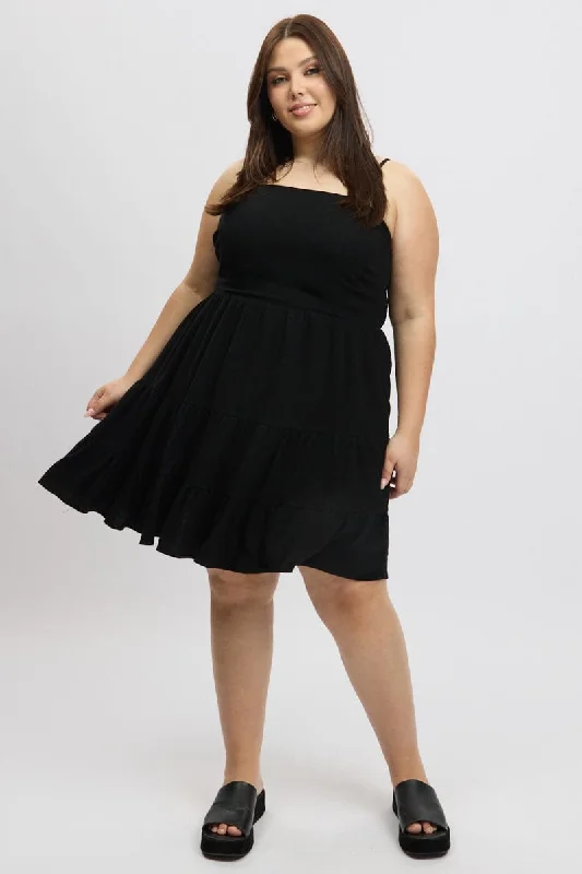 Short sleeve evening dress-Black Shoestring Strap Tiered Linen Blend Dress