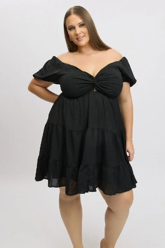 Lace sundress-Black Textured Chiffon Twist Front Puff Sleeve Minidress