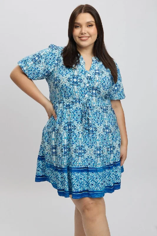 Ruched party dress-Blue Boho Button Through Border Print Shirtdress