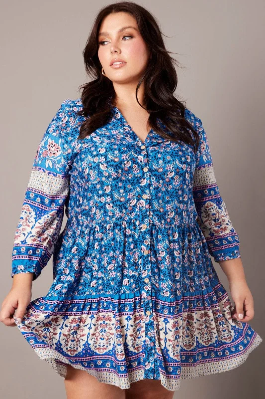 Ruffled maxi dress-Blue Boho Button Through Shirtdress