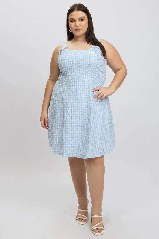 Short sleeve sundress-Blue Check Gingham Embroidered Mini Dress