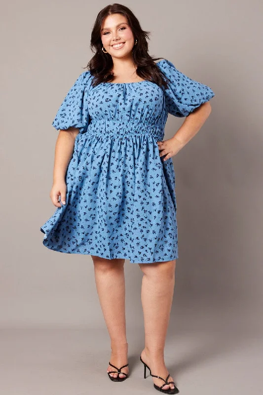 Polka dot prom dress-Blue Ditsy Puff Skater Dress