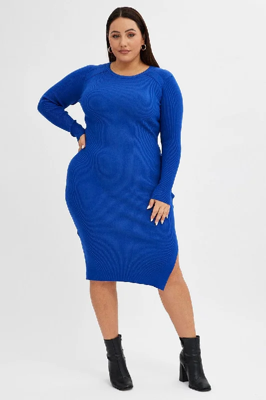 Ruched maxi dress-Blue Knit Dress Raglan Round Neck Side Split