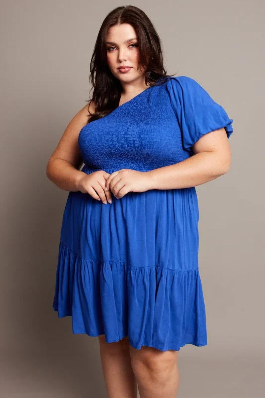 Short sleeve cocktail dress-Blue One Shoulder Dress Shirred Bodice Pockets