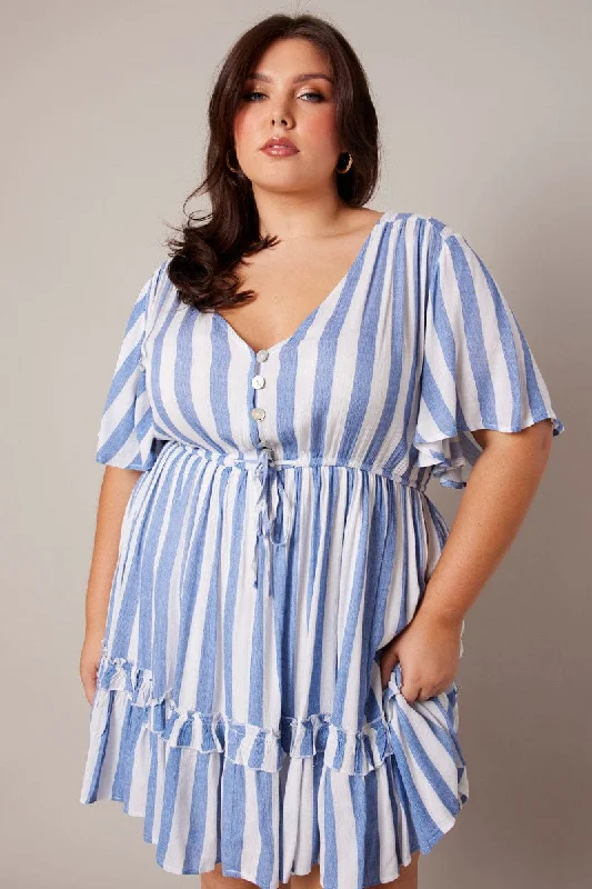 Silk slip dress-Blue Stripe Button Through Frill Mini Dress