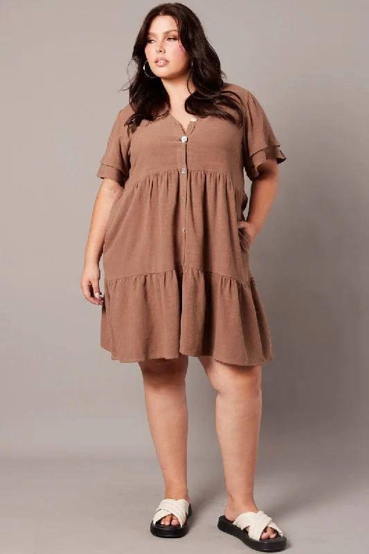 Short sleeve midi dress-Brown Button Frill Slv Dress