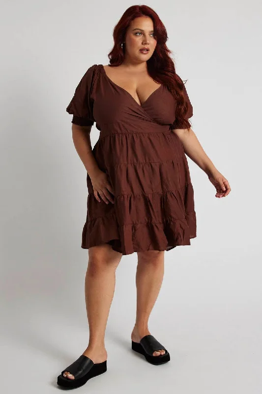 Lace cocktail dress-Brown Minidress Shirred Sleeve Wrap Linen Blend