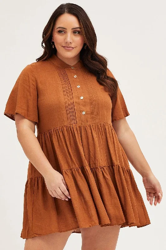 Ruffled prom dress-Brown Skater Dress V-neck Three-Quarter Sleeve Button