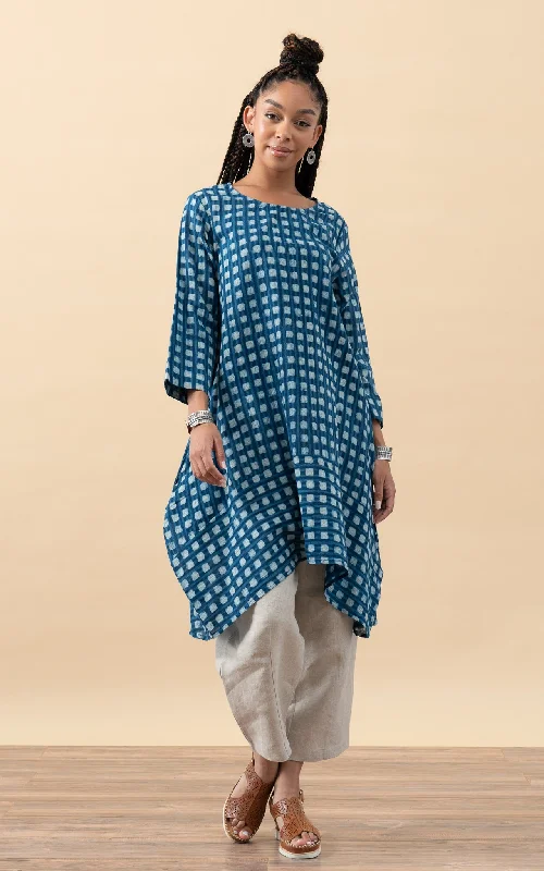 Glitter cocktail dress-Bubble Tunic, 3/4 Sleeve, Indigo Checks