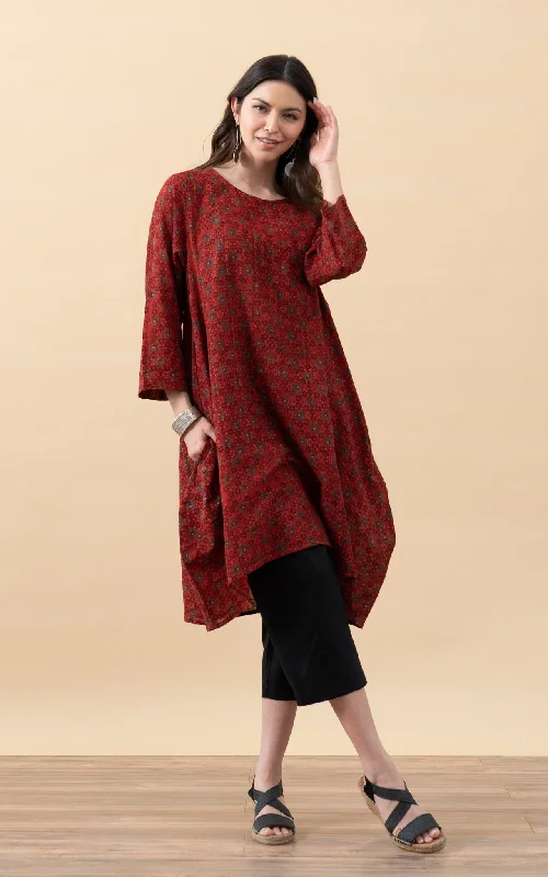 Tiered midi dress-Bubble Tunic, 3/4 Sleeve, Shadow Dot Rust