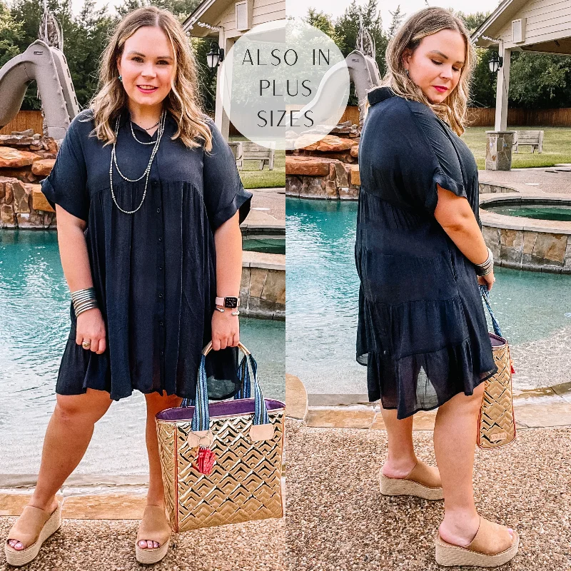 Striped shirt dress-Last Chance Size Small & XL | Wildest Dreams Button Up Short Sleeve Tunic Dress in Black