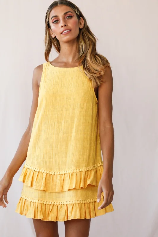 Off-shoulder party dress-Candice Tiered Frill Hem Scooped Back Dress Yellow