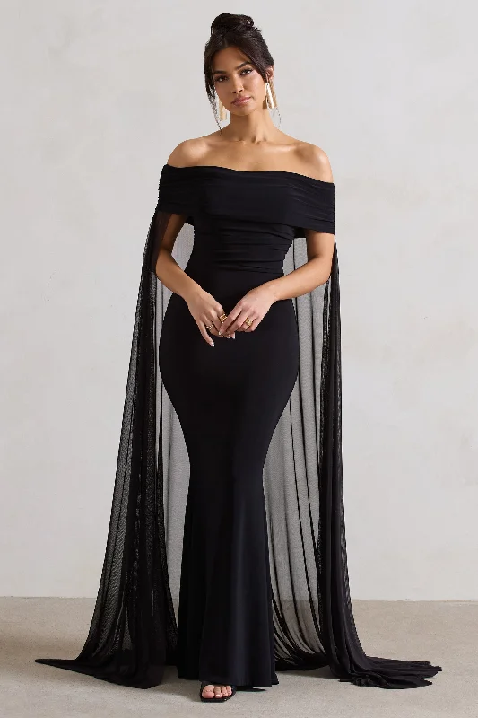 Tiered maxi dress-Carlotta | Black Bardot Maxi Dress With Chiffon Cape