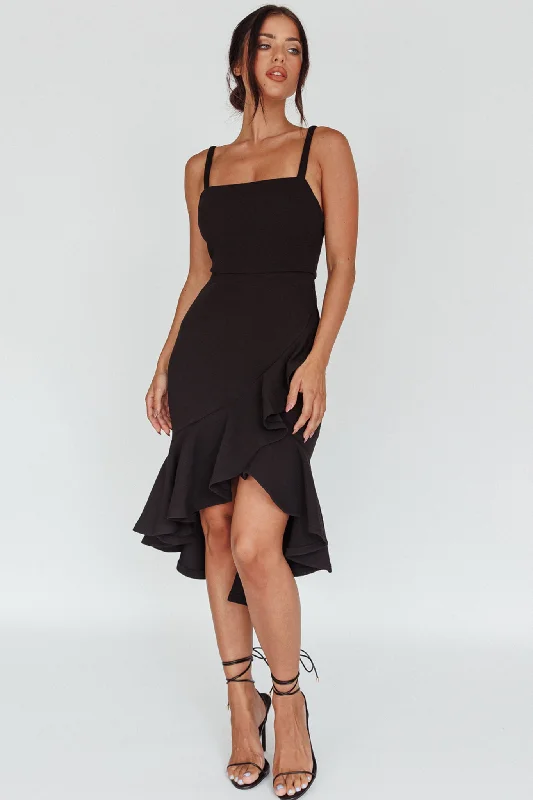 Ruched midi dress-Cartagena High-Low Asymmetric Salsa Dress Black