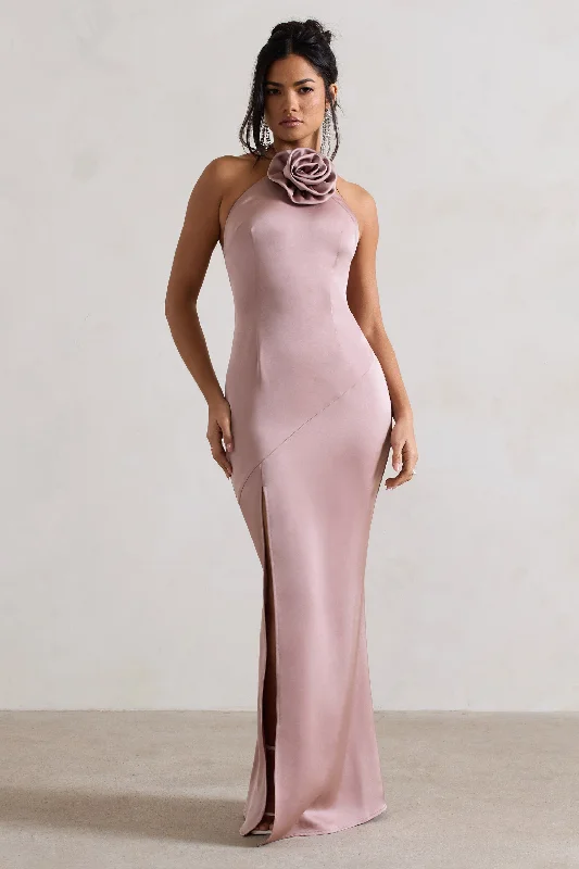 Ruched cocktail dress-Cesca | Blush Pink Satin Halter-Neck Maxi Dress With Flower Corsage