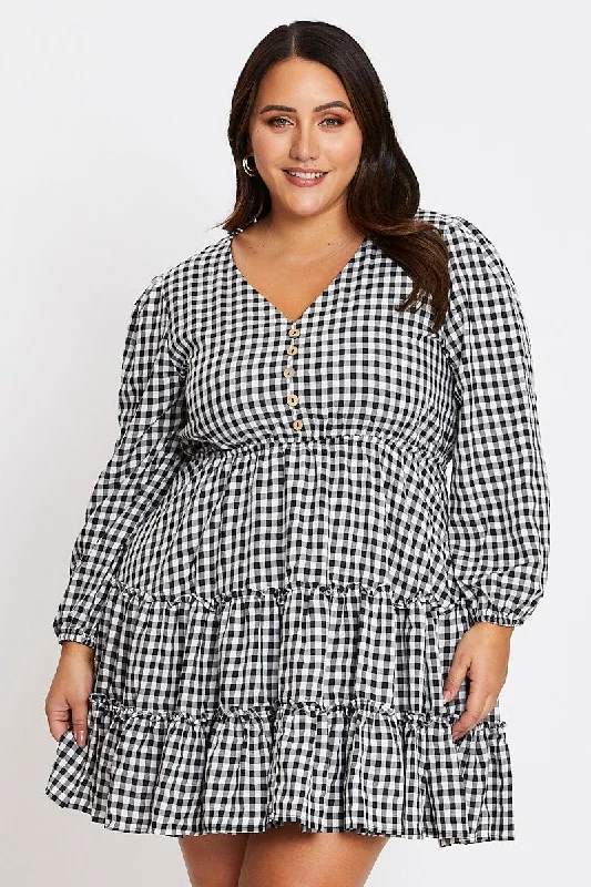 Pleated cocktail dress-Check Gingham Tiered Dress