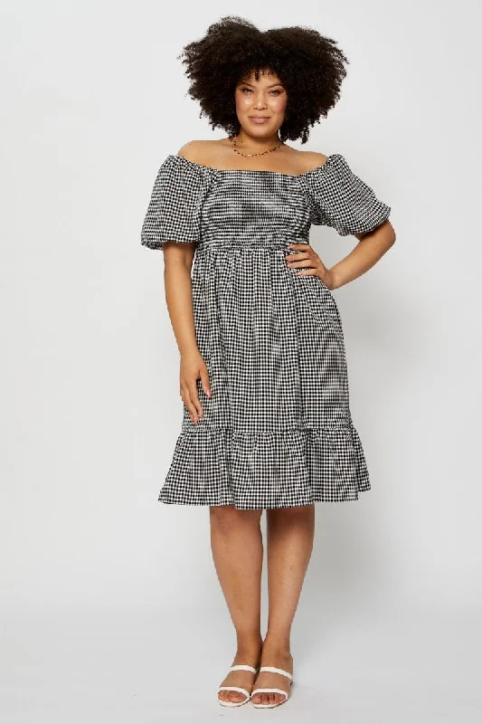 Smocked party dress-Check Skater Dress Square Neck Puff Sleeve