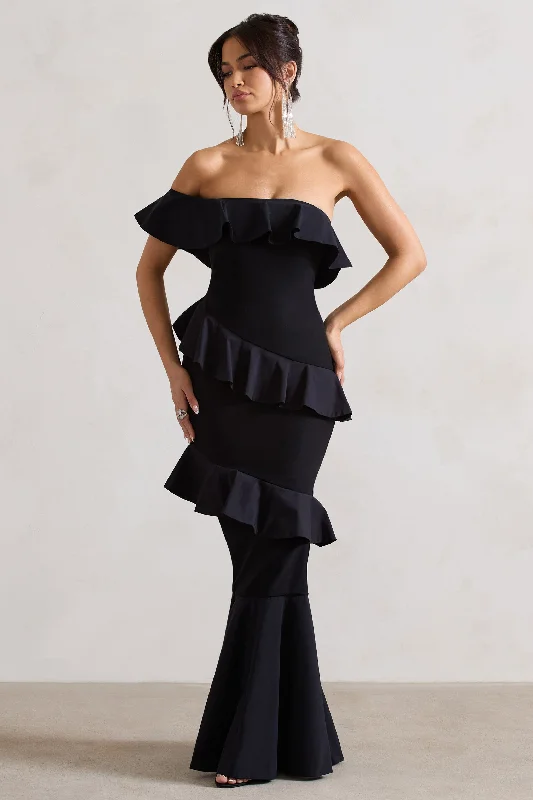 Ruffled prom dress-Cinematic | Black Bardot Ruffled Fishtail Maxi Dress