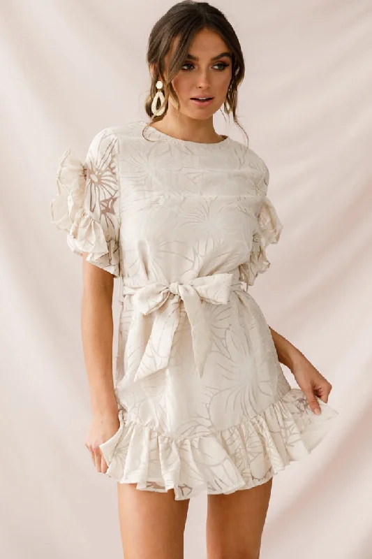 Floral party dress-Coolum Ruffle Sleeve Dress Beige