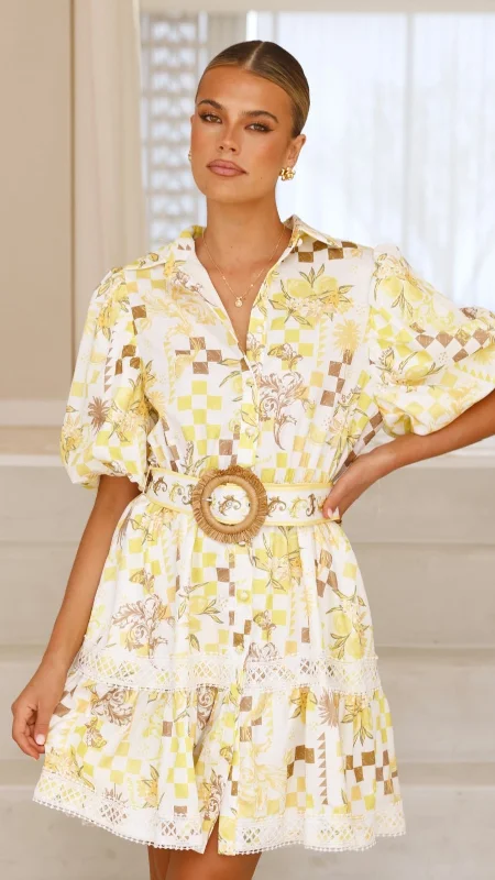 Peplum cocktail dress-Danielle Mini Dress - Yellow Portofino