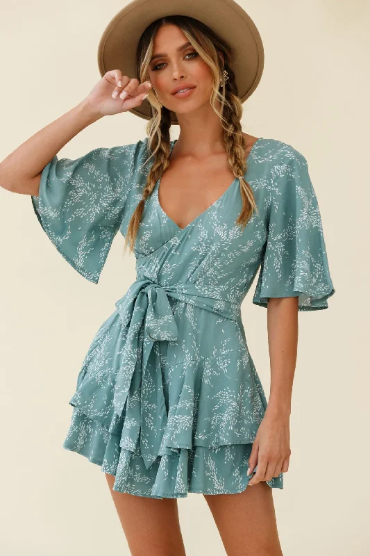 Lace prom dress-Davina Angel Sleeve Cut-Out Back Romper Leaf Print Sage