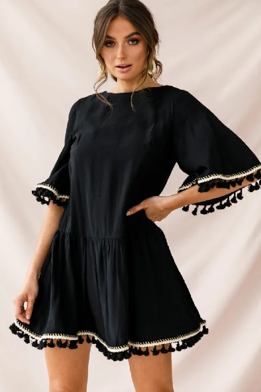 Brown wrap dress-Donna Dropped Waist Tassel Dress Black