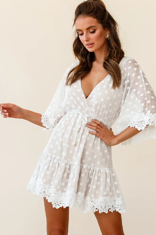 Long sleeve shift dress-Dream On Flared Sleeve Lace Trim Polka Dot Mesh Dress White