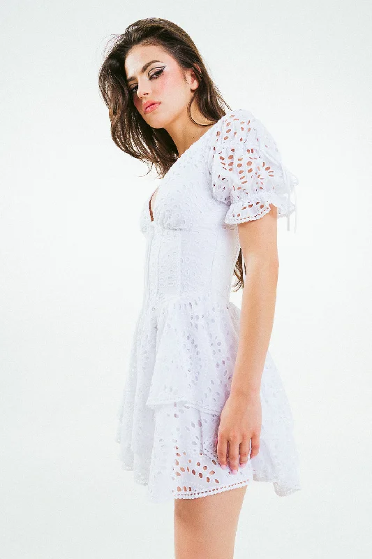 Denim shirt dress-'CHRISTIE' Broderie Anglaise White Cotton Mini Dress